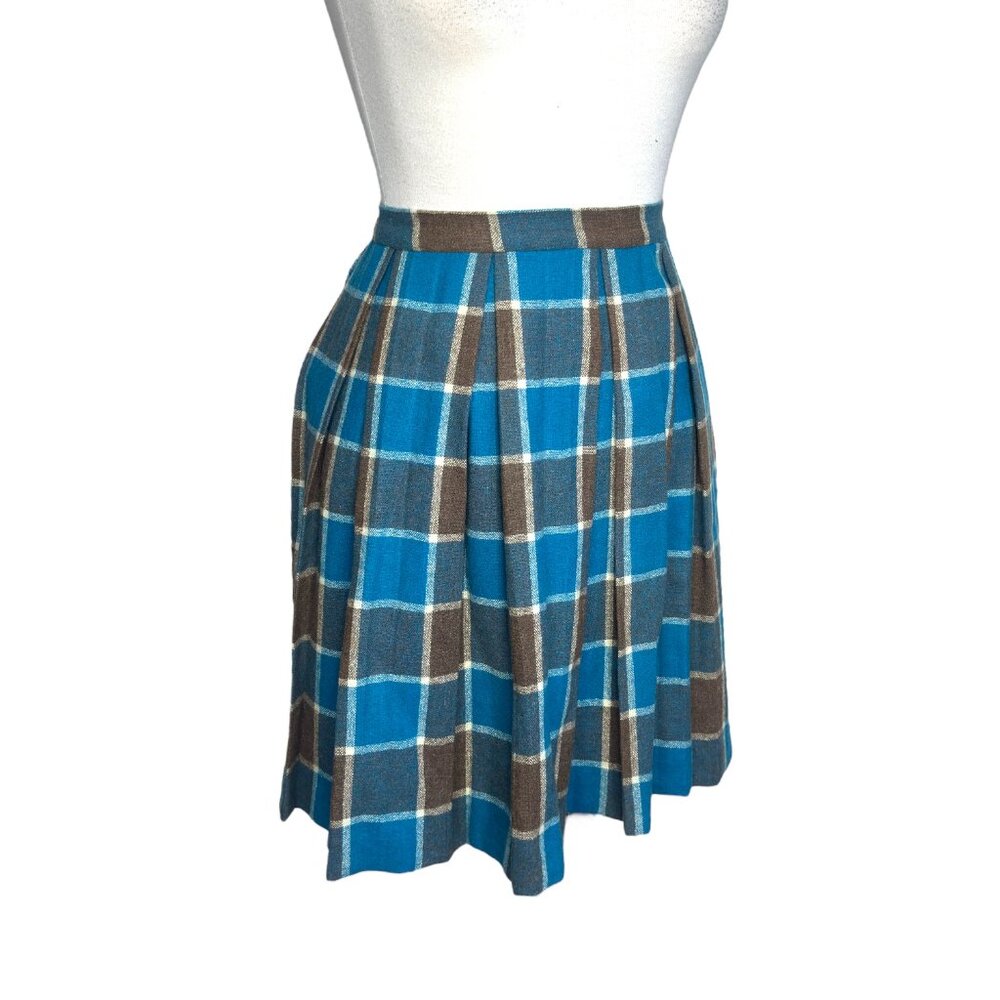 1970's Handmade Plaid Skirt Midi A-Line Pleated Barbiecore Blue and Brown Wool - Picture 3 of 10
